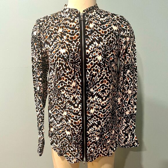 NWT French Connection Black Multi Cheetah Print Zip Front Long Sleeve Blouse 4 - Picture 1 of 6